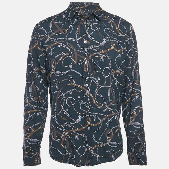 Louis Vuitton Navy Blue Twisted Chain Print Crepe Long Sleeve Shirt M